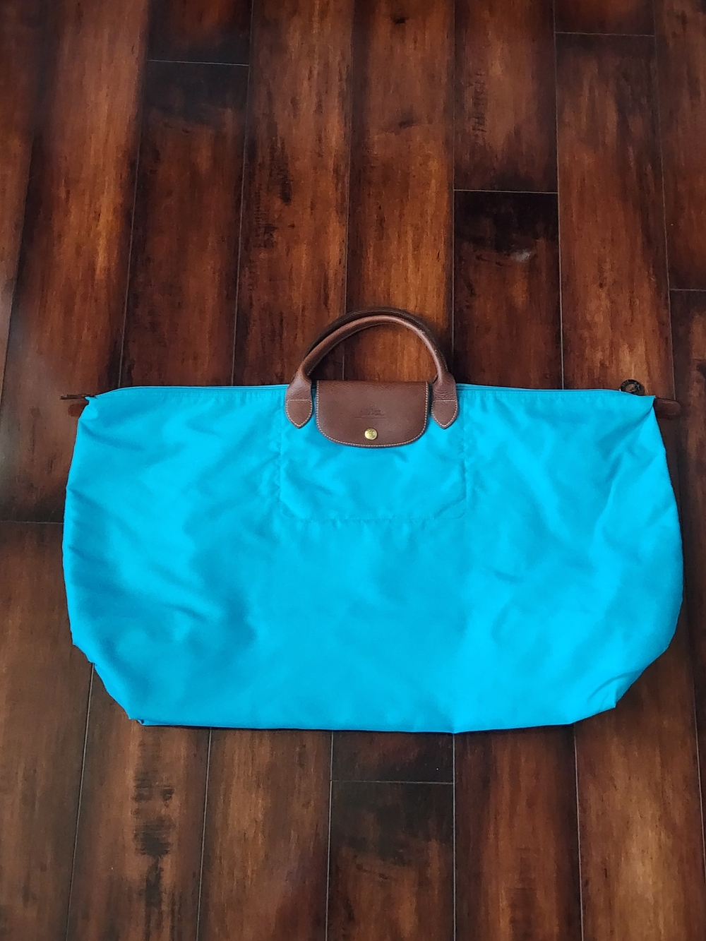 Longchamp Le Pliage Expandable Travel Bag Large Turquoise Blue Nylon & Brown Lea